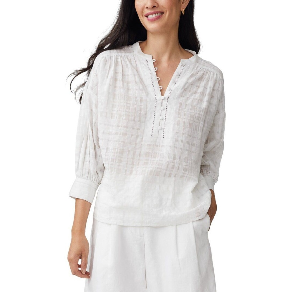 J.McLaughlin Ushi Linen Blend Blouse White Textured XL Coastal Beach Resortwear